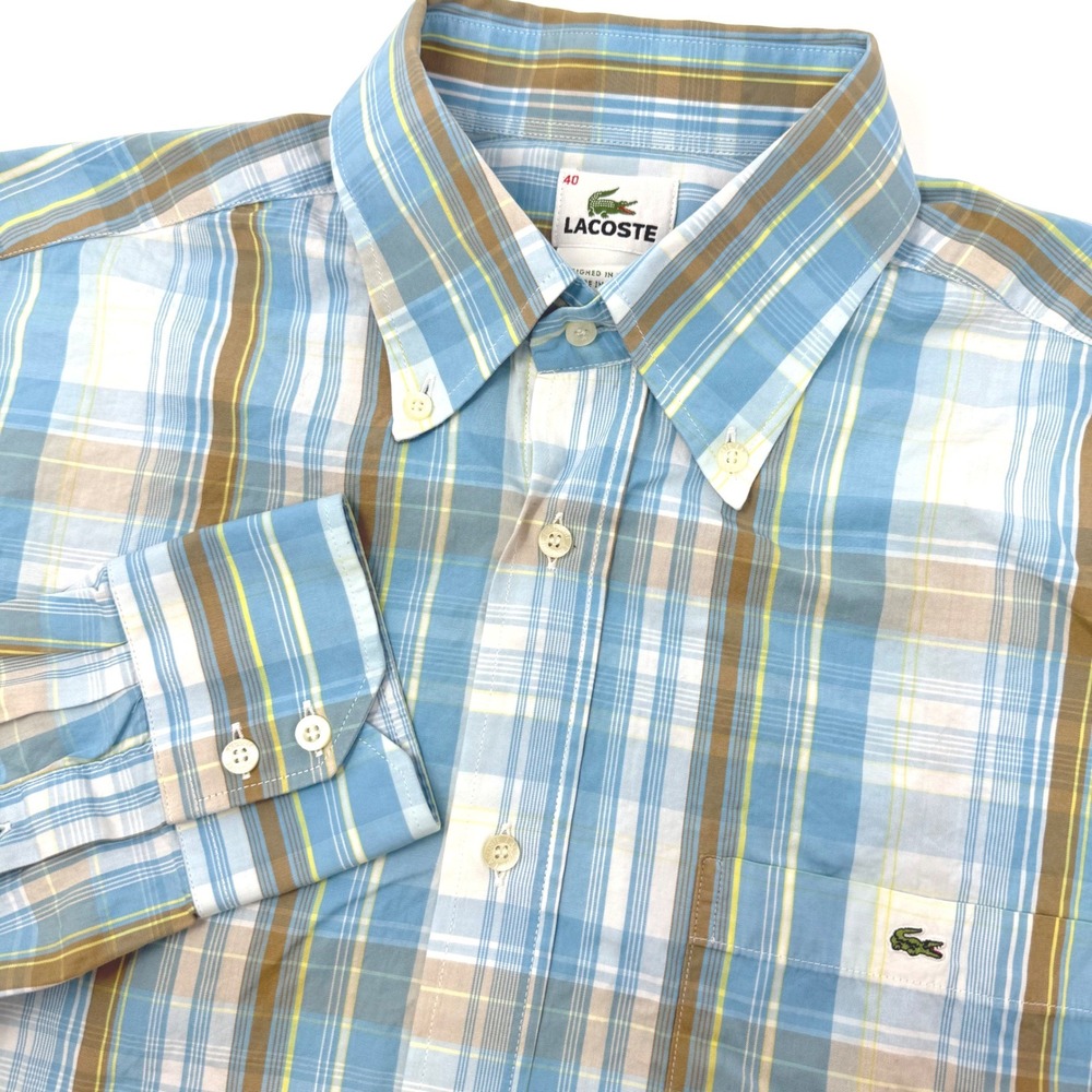 Lacoste Mens Size 40 Plaid Button Down Shirt Blue‎ Brown Made in France F5182